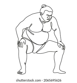 Continuous line drawing illustration of a sumo wrestler or rikishi in fighting stance side view done in mono line or doodle style in black and white on isolated background.