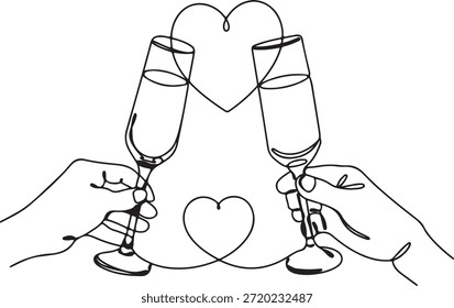 Desenho de linha contínua ilustração de duas mãos brindando com flautas de champanhe, criando formas de coração, simbolizando amor e celebração.