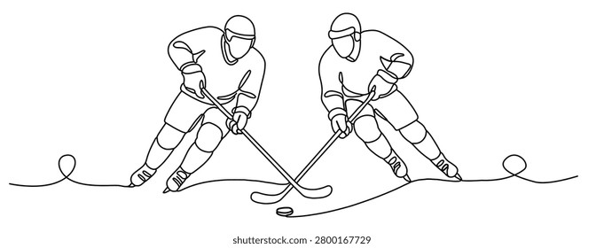 Continuous line drawing illustration of two ice hockey players in action with stick and puck. A minimal and elegant sport design perfect for apparel, prints and wall art merchandise. 