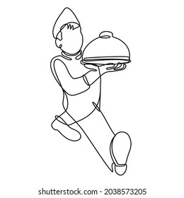 Continuous line drawing illustration of a waiter or food server serving a food platter front view done in mono line or doodle style in black and white on isolated background.