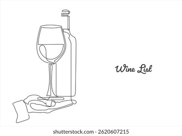 Continuous line drawing. illustration of wine bottle and glass isolated on white background. Concept and design elements for wine list, menu, label. Editable stroke. 
