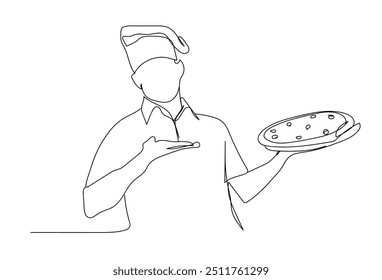 Línea continua que dibuja la Imagen de un chef con una pizza. Dibujo blanco y negro sobre un fondo blanco. Un concepto de línea de cocción de Comprobante de hornear. Restaurante Comida italiana 