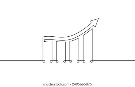 Continuous line drawing of increasing arrow up with bar chart. Illustration vector of graph sign symbol. Single line art of business growth icon. Flat icon