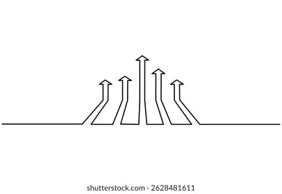 Continuous line drawing of increasing arrow up sign symbol, Growing graph in continuous one line drawing style line art business chart icon vector illustration.
