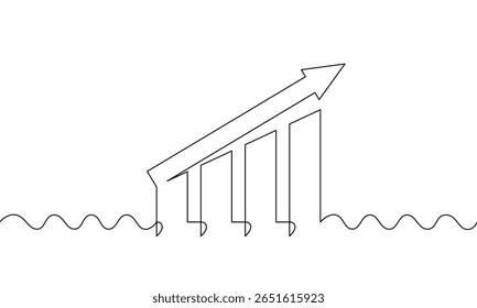 Continuous line drawing of increasing arrow up. Single line art of graph sign symbol. Illustration vector of bar chart. Object one line of business growth. Flat icon