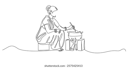 continuous line drawing of indian woman cooking.one line drawing of woman in traditional indian clothes cooking.single line vector illustration.isolated white background