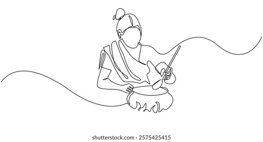 continuous line drawing of indian woman cooking.one line drawing of woman in traditional indian clothes cooking.single line vector illustration.isolated white background