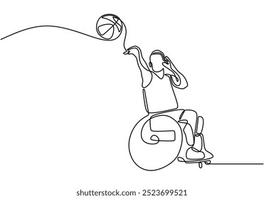 Desenho de linha contínua de um indivíduo com uma deficiência jogando basquete habilmente. Destaca o atletismo e a resiliência em um design limpo.