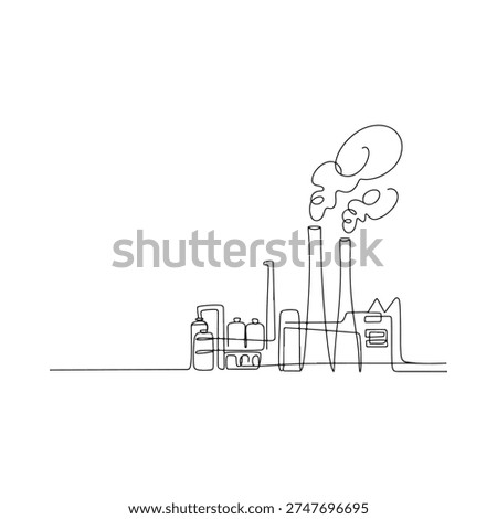Continuous line drawing of an industrial factory with smokestacks emitting fumes