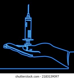 Continuous line drawing Injecting Symbols Medical syringe in a hand icon neon concept