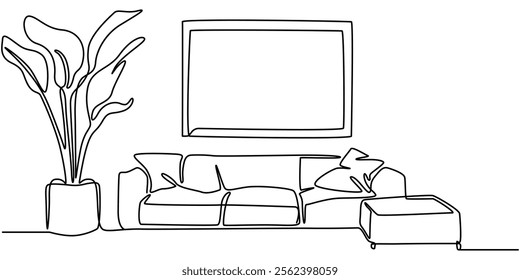 Continuous Line Drawing of Interior Design Icon. Hand Drawn Symbol Vector Illustration, Doodle modern style interior with sofa, plant, and lamp. Here is a one-line drawing of a living room with modern