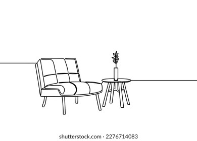 continuous line drawing of interior living room with a sofa