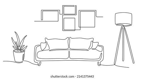 Continuous line drawing interior and sofa  floor lamp  plant  phоto frames  One line interior Living room and modern furniture  Single line furniture  Hand draw contour sofa  Doodle vector 