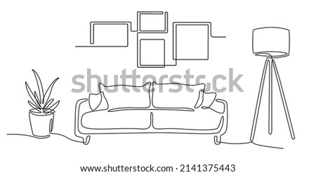 Continuous line drawing of interior with sofa, floor lamp, plant, phоto frames. One line of interior Living room with modern furniture. Single line furniture. Hand draw contour of sofa. Doodle vector 