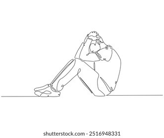Kontinuierliche Linie Zeichnung des Internationalen Selbstmordpräventionstages. Einzeilige Darstellung von Depressionen Männer. Trauriger Mann, depressiv, negatives Denkkonzept. Bearbeitbare Gliederung