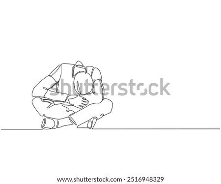 Continuous line drawing of International suicide prevention day. Single line illustration of depression men. Sad man, depressed, negative thinking concept. Editable outline