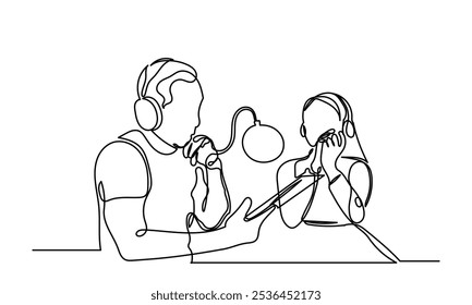 Dibujo de línea continua de entrevistar a hombre y mujer en una discusión de podcast, hablando con invitados en el estudio.  Concepto de podcasting, estación de radio, entrevista. Presentadores de podcast con micrófono 