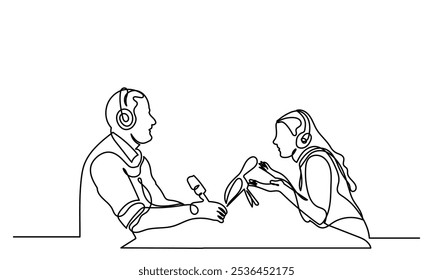 Continuous line drawing of interviewing man and woman on a podcast discussion, talking to guests in the studio.  Concept of podcasting, radio station, interview. Podcast presenters with a microphone 