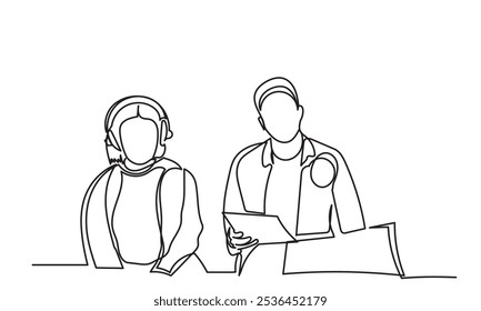 Dibujo de línea continua de entrevistar a hombre y mujer en una discusión de podcast, hablando con invitados en el estudio.  Concepto de podcasting, estación de radio, entrevista. Presentadores de podcast con micrófono 