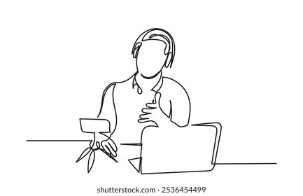 Continuous line drawing of interviewing man on a podcast discussion, talking to guests in the studio.  Concept of podcasting, radio station, interview. Podcast presenters with a microphone talk live 