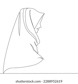 Continuous line drawing of Islamic arabic pensive female in hijab scarf standing looking away against. Single one line drawing of standing middle east muslim woman thinking. Vector illustration