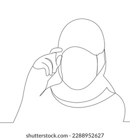 Continuous line drawing of Islamic arabic pensive female in hijab scarf standing looking away against. Single one line drawing of standing middle east muslim woman thinking. Vector illustration