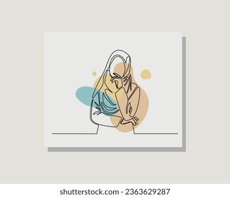 Continuous line drawing of Islamic arabic pensive female in hijab scarf standing looking away against. Single one line drawing of standing middle east muslim woman thinking. Vector illustration