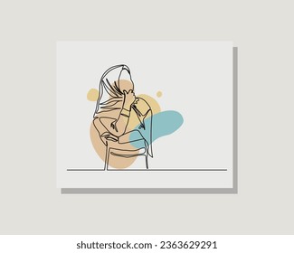 Continuous line drawing of Islamic arabic pensive female in hijab scarf standing looking away against. Single one line drawing of standing middle east muslim woman thinking. Vector illustration