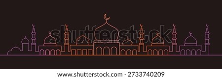 A continuous line drawing of an Islamic cityscape with mosques and minarets in bright neon colors