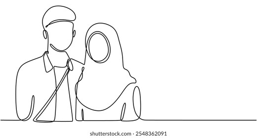 Continuous line drawing of an Islamic couple, symbolizing love, respect, and togetherness in a minimalist, artistic style.