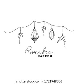 Dibujo de línea continua de decoración islámica con grano, estrella y luna. Arte de una sola línea de concepto de tarjetas de felicitación ramadan kareem. Ilustración del vector