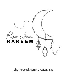 Continuous Line Drawing Of Islamic Decoration With Lanter, Star, And Moon. Single Line Art Of Ramadan Kareem Greeting Card Concept. Vector Illustration