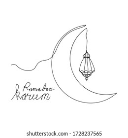 Continuous Line Drawing Of Islamic Decoration With Lanter, Star, And Moon. Single Line Art Of Ramadan Kareem Greeting Card Concept. Vector Illustration