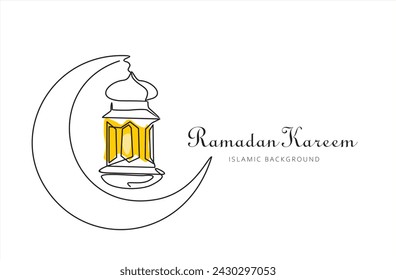 Continuous line drawing of islamic decoration with lanter, star, and moon. Single line art of ramadan kareem greeting card concept. Vector illustration