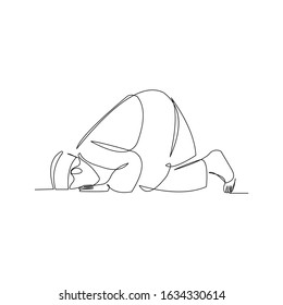 Continuous line drawing of islamic muslim man praying on sujud bow down gesture. Ramadan kareem and ied mubarak greeting card concept. Vector illustration.