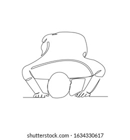 Continuous line drawing of islamic muslim man praying on sujud bow down gesture. Ramadan kareem and ied mubarak greeting card concept. Vector illustration.