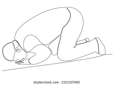 
Continuous line drawing of islamic muslim man praying with prostration prostration gesture. Ramadan kareem and eid mubarak greeting card concept. Vector illustration.