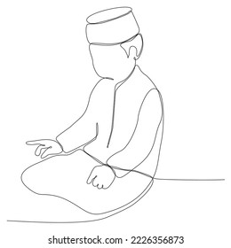 Dibujo continuo de un musulmán islámico rezando con gesto de postración. Ramadan kareem y eid mubarak concepto de tarjetas de felicitación. Ilustración vectorial.