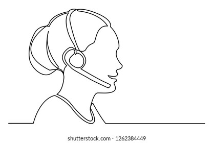 continuous line drawing of isolated on white background profile portrait of call center woman with headset