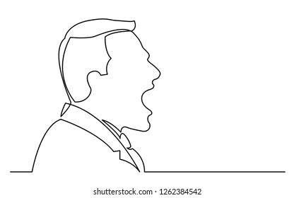 continuous line drawing of isolated on white background profile portrait of screaming businessman
