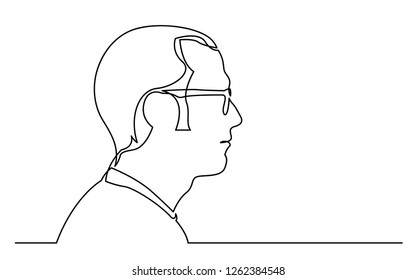 continuous line drawing of isolated on white background profile portrait of man in glasses