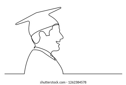 continuous line drawing of isolated on white background profile portrait of happy college graduate