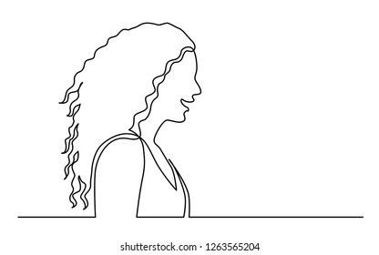 continuous line drawing of isolated on white background profile portrait of woman with long curly hair