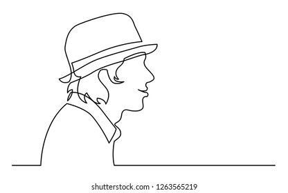 Continuous Line Drawing Of Isolated On White Background Profile Portrait Of Happy Young Man In Fedora Hat