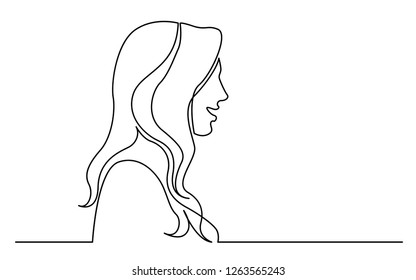 continuous line drawing of isolated on white background profile portrait of woman with long hair