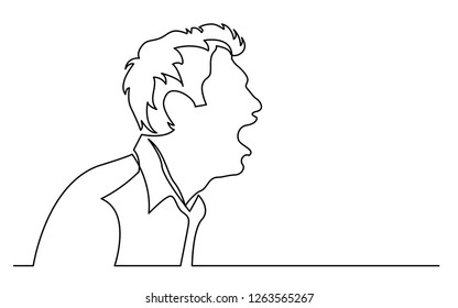 continuous line drawing of isolated on white background profile portrait of angry man screaming