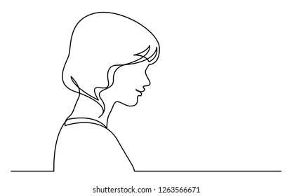 dibujo en línea continua de perfil aislado en blanco de mujer tímida sonriente