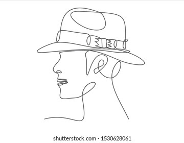 Continuous line drawing of isolated on white background profile portrait of man in hat