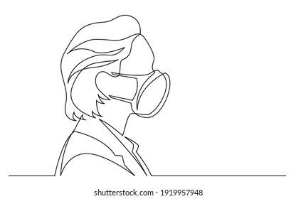 continuous line drawing of isolated on white background profile portrait of african american business woman wearing face mask
