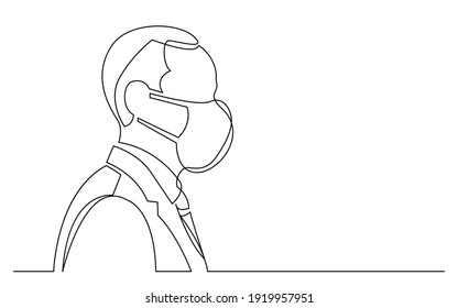 continuous line drawing of isolated on white background profile portrait of african american businessman wearing face mask